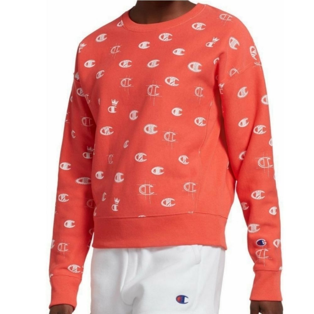 Champion‎ Reverse Weave Sweatshirt Coral Multi-Logo Hoodless Hoodie Small